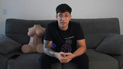 Handsome young office worker masturbating
